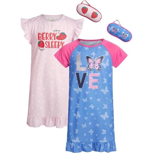 2-Piece Short Sleeve Night Gown Pajamas with Eye Mask